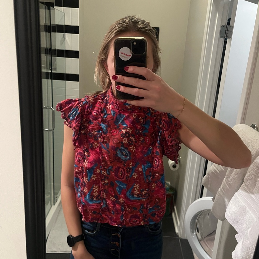 FARM Rio Red and Blue Floral Blouse
